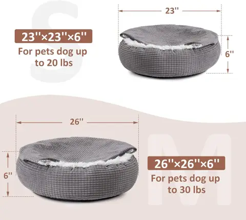 MIXJOY dog bed size chart 23 inch small up to 20 lbs, 26 inch medium up to 30 lbs
