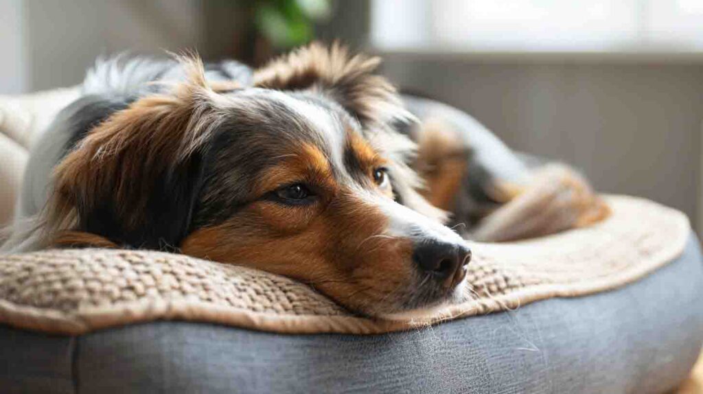 Bolster on orthopedic dog bed supporting dog’s neck.