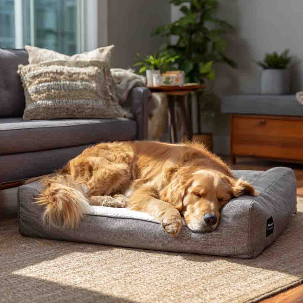 “Golden Retriever lying on orthopedic memory foam dog bed with bolster and removable oxford cover”