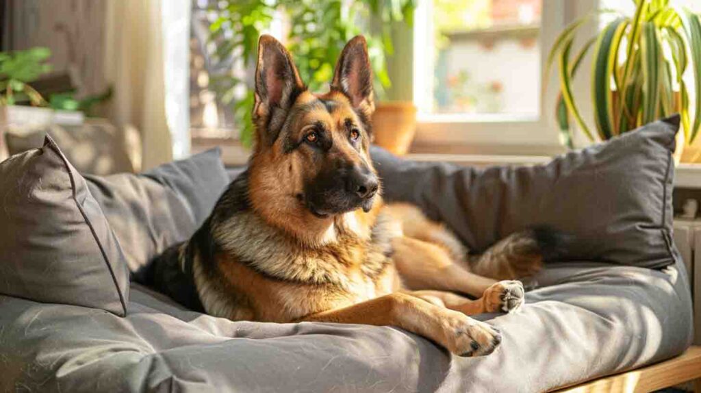 German Shepherd with hip dysplasia resting on the best orthopedic dog bed with bolsters and non-slip base